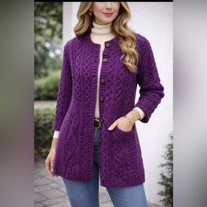 Kilronan Knitwear NWT Large 100% Merino Wool Aran Cardigan Purple